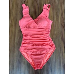 Lauren Ralph Lauren Coral Pink Ruffle Surplice Ruched One Piece Swimsuit Womens8